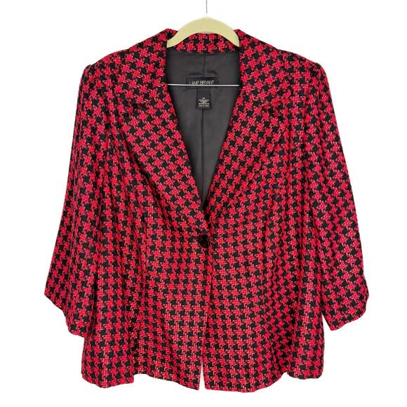 Lane Bryant Black Red Gold Metallic Houndstooth Single Breasted Light Blazer 20 - Picture 1 of 10